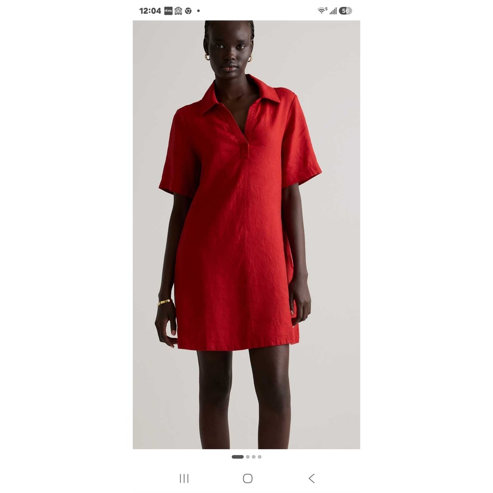 Quince European Linen Short Sleeve Popover Dress Red Medium NWT